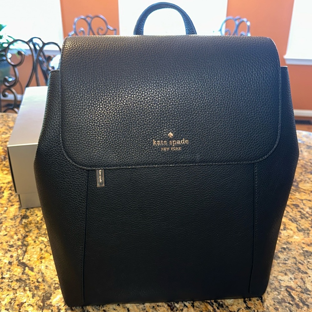 Kate Spade ❤️ Lena Black Pebbled Leather Flap Backpack NWT